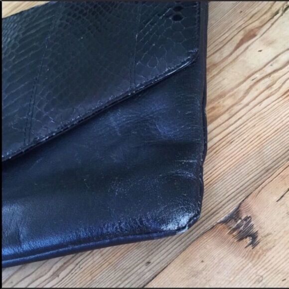 Vintage Black Leather Snake Skin Print Envelope Purse Bag Clutch - Picture 7 of 7